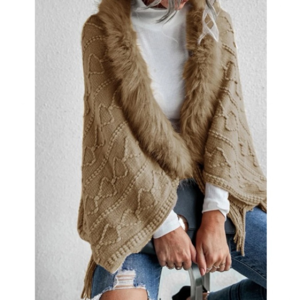 Boho vegan fur sweater cardigan open poncho - Picture 11 of 16